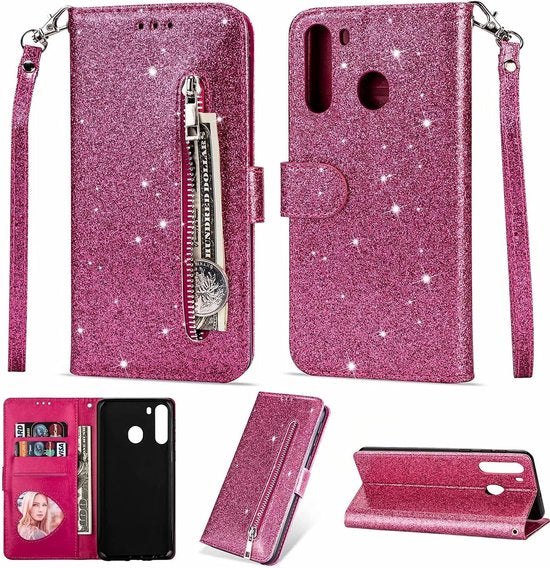 Sparkly Glitter Wallet Hoesje met Rits & Koord Geschikt voor: Samsung Galaxy A11 - Roze