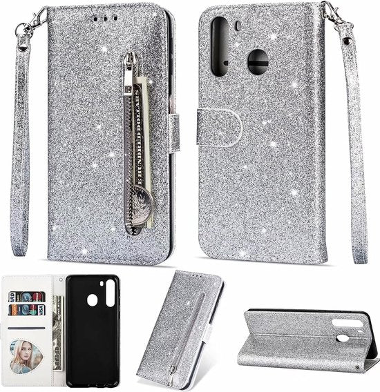 Samsung Galaxy A11 Hoesjes – Glitter Portemonnee Hoes – Rits & Koord – Pasjeshouder – Zilver-Ilumina Benelux