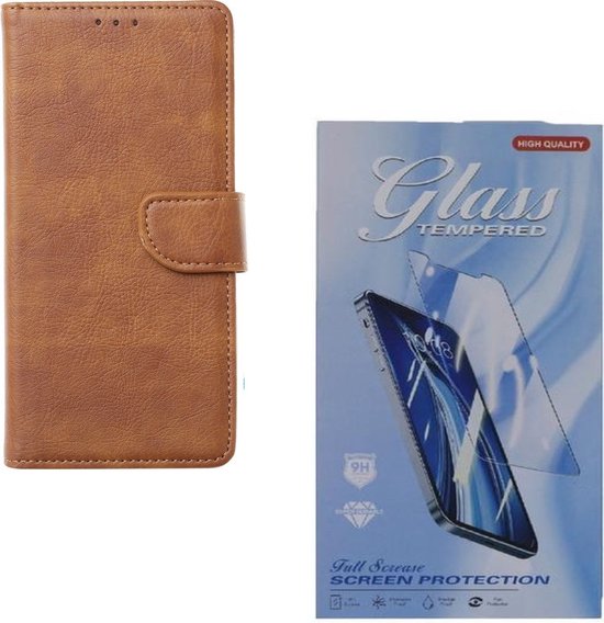 Bookcase Geschikt voor: Samsung Galaxy A13 5G / A04s - LichtBruin - Portemonnee hoesje met 2x Glas Screen protector