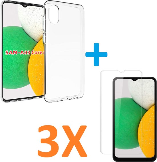 Samsung Galaxy A03 Core Hoesjes – Transparante Siliconen Backcover – Inclusief 3x Screenprotector Gehard Glas – Anti Kras-Ilumina Benelux