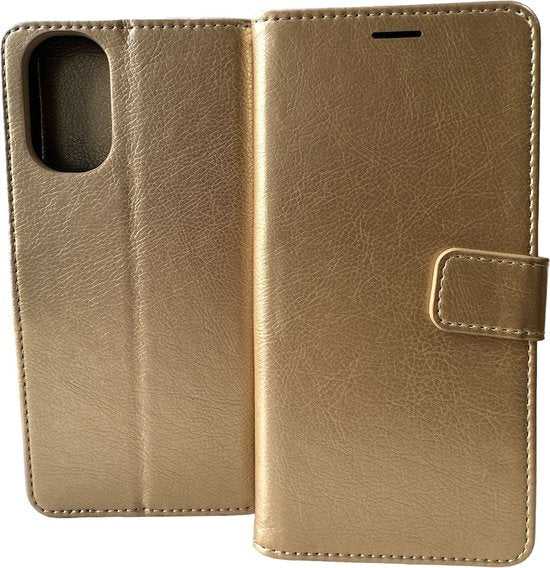 Portemonnee Bookcase Hoesje + 2 Pack Glas Geschikt voor: Motorola Moto E32 / E32s - Goud
