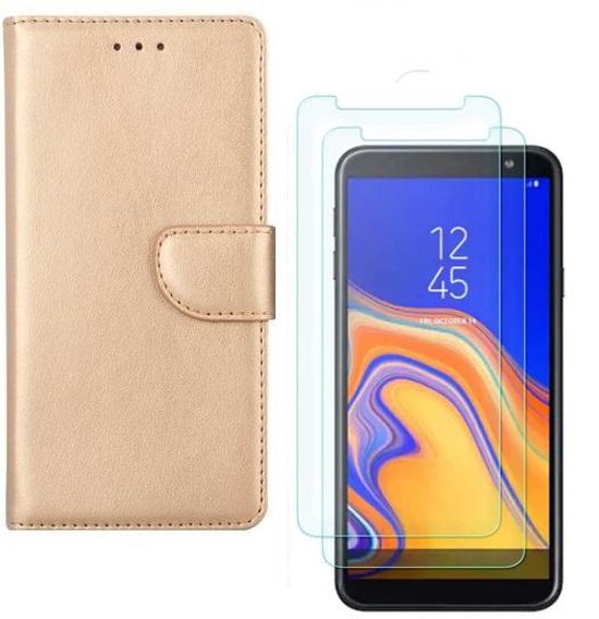 Samsung Galaxy J4 Plus 2018 Hoesjes – Portemonnee Hoes – Magneetsluiting – Pasjeshouder – Goud + 2x Gehard Glas Screenprotector-Ilumina Benelux