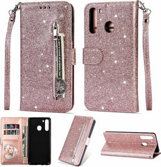 Sparkly Glitter Wallet Hoesje met Rits & Koord Geschikt voor: Samsung Galaxy A11 - Roségoud