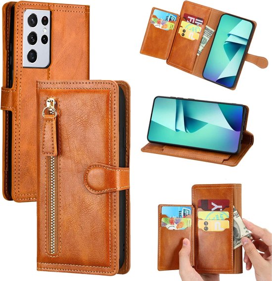 Samsung Galaxy S22 Ultra Hoesjes – Bookcase Portemonneehoes – Ritssluiting – 5 Pasjeshouder – Lichtbruin-Ilumina Benelux