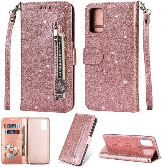Samsung Galaxy S20 FE Hoesjes – Glitter Bookcase Portemonnee – Rits & Koord – Pasjeshouder – Roségoud-Ilumina Benelux