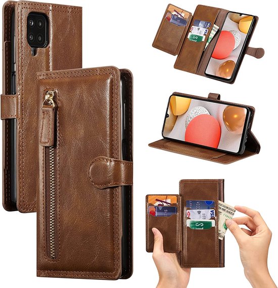 Samsung Galaxy A22 4G Hoesjes – Bookcase Portemonnee Hoes – Ritssluiting – 5 Pasjeshouder – Donkerbruin-Ilumina Benelux
