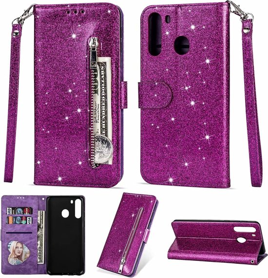 Sparkly Glitter Wallet Hoesje met Rits & Koord Geschikt voor: Samsung Galaxy A11 - Paars