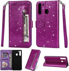 Sparkly Glitter Wallet Hoesje met Rits & Koord Geschikt voor: Samsung Galaxy A11 - Paars