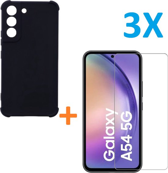 Anti-Shock silicone hoesje zwart met 3 Pack Screenprotector Glas Geschikt voor: Samsung Galaxy A54