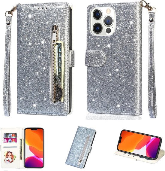 iPhone 14 Pro Max Hoesjes – Glitter Portemonnee Hoes – Rits & Koord – Pasjeshouder – Zilver-Ilumina Benelux
