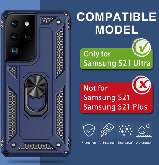 Samsung Galaxy S21 Ultra Hoesjes – Ring Armor Backcover – 360° Draaibare Standaard – Magneet – Blauw-Ilumina Benelux