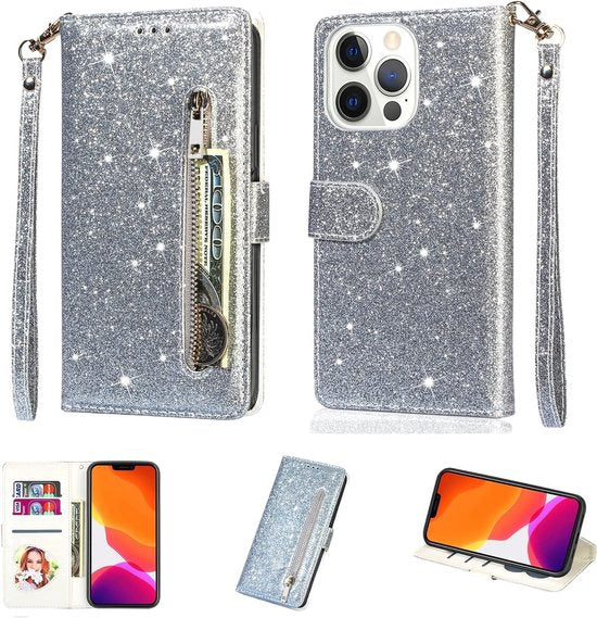 iPhone 15 Plus Hoesjes – Glitter Portemonnee Case – Rits – Koord – Pasjeshouder – Zilver-Ilumina Benelux