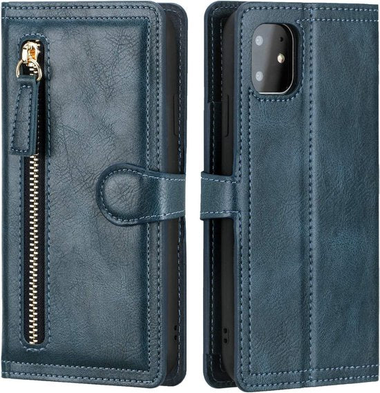 iPhone 13 Mini Hoesjes – Portemonnee Flipcover met Ritssluiting – Magneetsluiting – 5 Pasjeshouder – Blauw-Ilumina Benelux