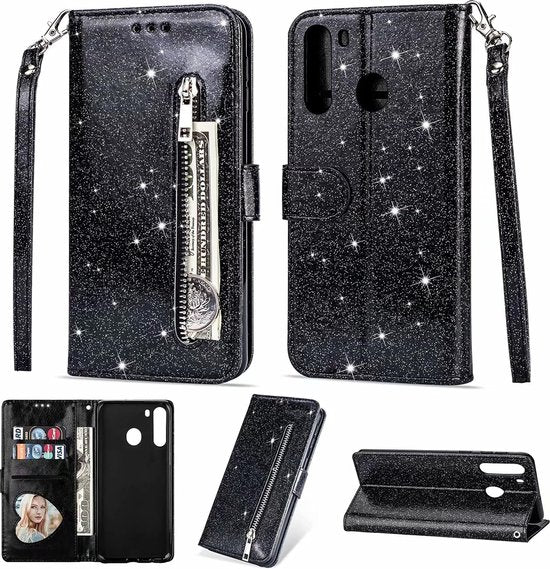 Sparkly Glitter Wallet Hoesje met Rits & Koord Geschikt voor: Samsung Galaxy M11 - Zwart