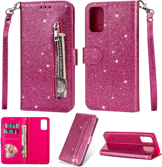 Samsung Galaxy S20 FE Hoesjes – Glitter Portemonnee Case – Rits & Koord – Pasjeshouder – Roze-Ilumina Benelux