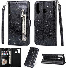 Samsung Galaxy A11 Hoesjes – Glitter Portemonnee Hoes – Rits & Koord – Pasjeshouder – Zwart