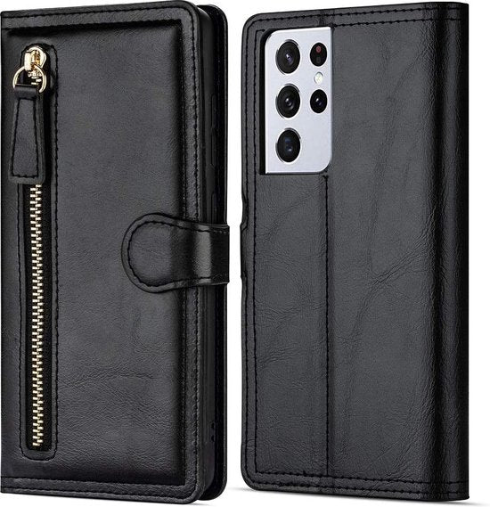 Samsung Galaxy S22 Plus Hoesjes – Bookcase Portemonneehoes – Ritssluiting – 5 Pasjeshouder – Zwart-Ilumina Benelux