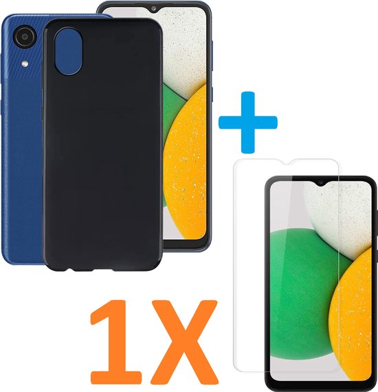 Silicone hoesje zwart met 1 Pack Screenprotector Glas Geschikt voor: Samsung Galaxy A03 Core