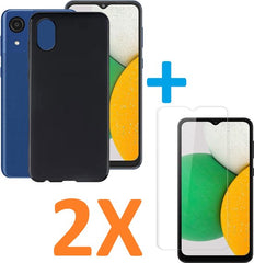 Silicone hoesje zwart met 2 Pack Screenprotector Glas Geschikt voor: Samsung Galaxy A03 Core