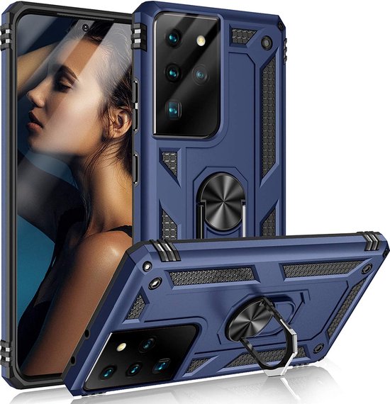 Samsung Galaxy S21 Ultra Hoesjes – Ring Armor Backcover – 360° Draaibare Standaard – Magneet – Blauw-Ilumina Benelux