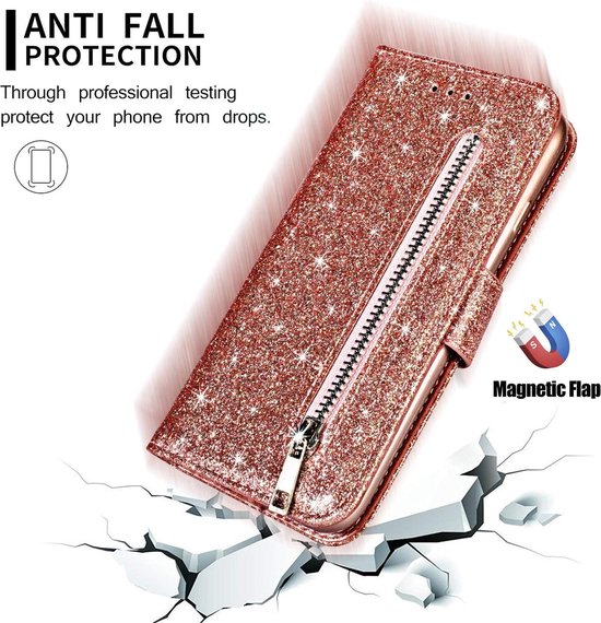 Samsung Galaxy S10 Hoesjes – Glitter Portemonnee Hoes – Rits & Koord – Roségoud-Ilumina Benelux