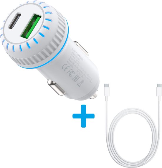 Autolader snellader – USB-C met Kabel – USB QC 3.0 + USB-C – 2 poorten-Oplader-Ilumina Benelux