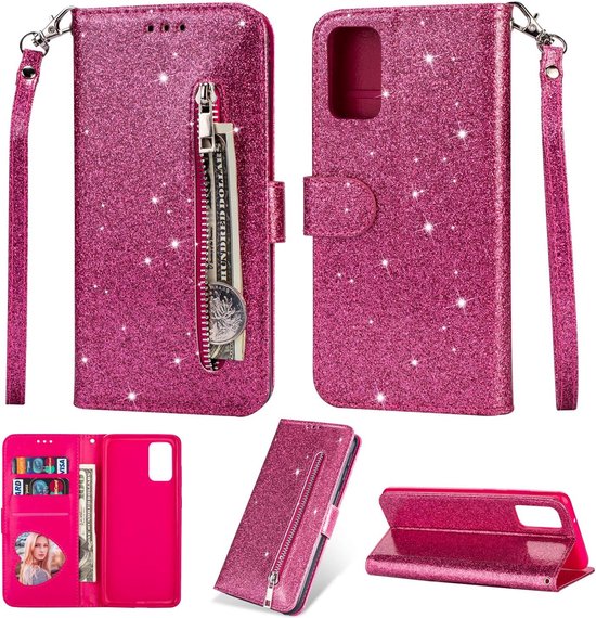 Samsung Galaxy A02s Hoesjes – Glitter Portemonnee Hoes – Rits & Koord – Pasjeshouder – Roze