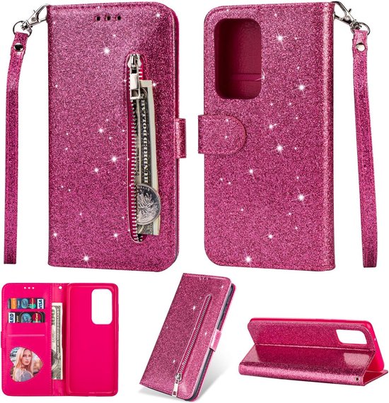 Oppo A57 4G/A57s Hoesjes – Glitter Portemonnee Hoes – Rits & Koord – Pasjeshouder – Roze-Ilumina Benelux