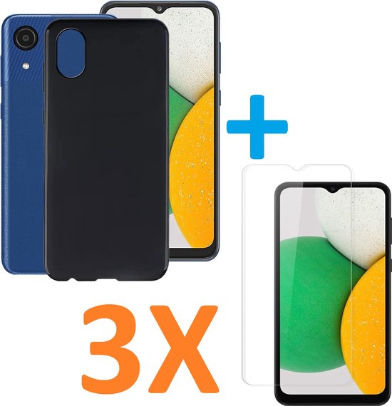 Samsung Galaxy A03 Core Hoesjes – Siliconen Backcover – 3 Pack Screenprotector – Gehard Glas – Zwart-Ilumina Benelux