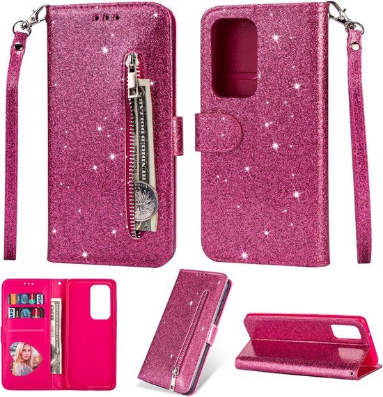 OPPO F19 Pro Plus 5G Hoesjes – Glitter Portemonnee Hoes – Rits & Koord – Pasjeshouder – Roze-Ilumina Benelux