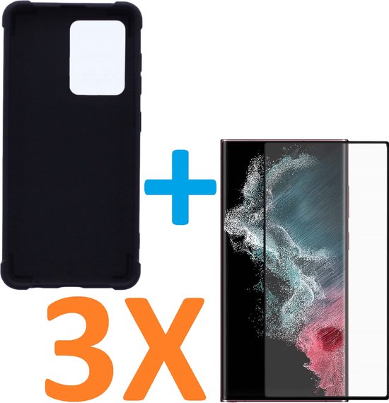 Samsung Galaxy S22 Ultra Hoesjes – Siliconen Backcover – Schokbestendig – 3 Pack Screenprotector Gehard Glas – Zwart-Ilumina Benelux