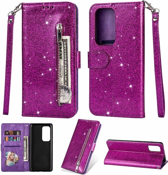 Oppo A57 4G/A57s Hoesjes – Glitter Portemonnee Hoes – Rits & Koord – Paars-Ilumina Benelux