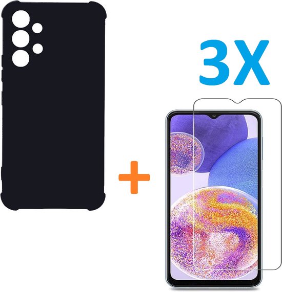 Samsung Galaxy A23 Hoesjes – Anti-Shock Siliconen Backcover – Schokbestendig – 3 Pack Screenprotector Gehard Glas – Zwart-Ilumina Benelux