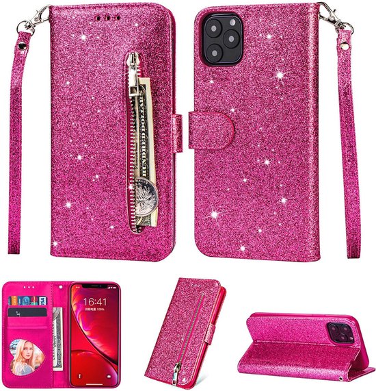 iPhone 14 Pro Hoesjes – Glitter Portemonnee Hoes – Rits & Koord – Pasjeshouder – Roze-Ilumina Benelux