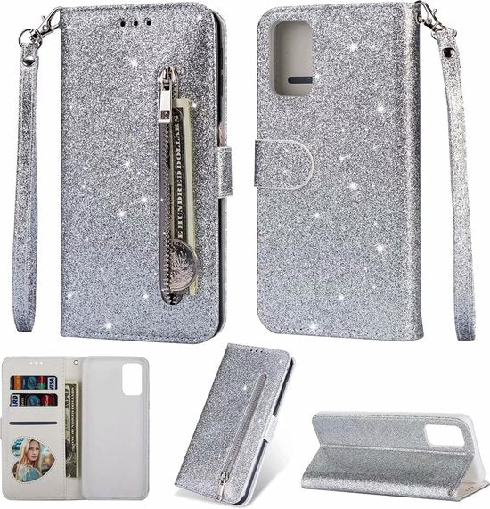 Samsung Galaxy A02s Hoesjes – Glitter Portemonneehoes – Rits & Koord – Pasjeshouder – Zilver-Ilumina Benelux