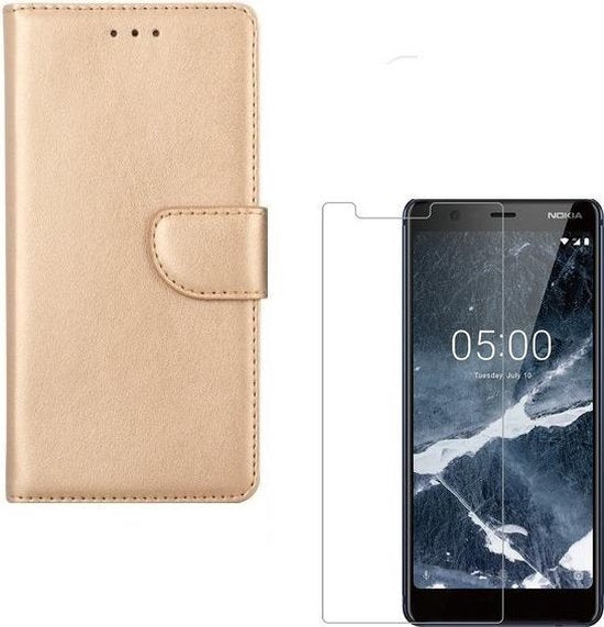Nokia 5.1 Hoesjes – Portemonnee Hoes – Pasjeshouder – 2x Screenprotector – Goud-Ilumina Benelux