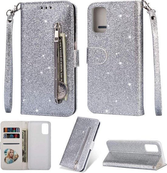 Samsung Galaxy S20 FE Hoesjes – Glitter Portemonnee Case – Rits & Koord – Pasjeshouder – Zilver-Ilumina Benelux