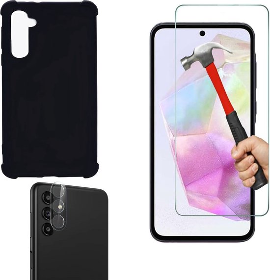 Samsung Galaxy A35 Hoesjes – Anti-Shock Siliconen Backcover – Incl. Screenprotector Gehard Glas + Camera Lens Protector – Zwart-Ilumina Benelux