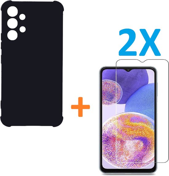 Samsung Galaxy A23 Hoesjes – Anti-Shock Siliconen Backcover – 2 Pack Screenprotector Gehard Glas – Zwart-Ilumina Benelux