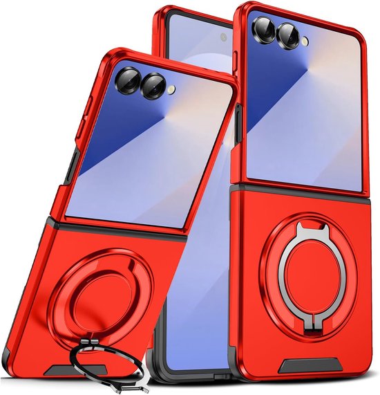 Samsung Galaxy Z Flip 7 Hoesjes – MagSafe Hybrid Backcover met Ringstandaard – Schokbestendig – Rood-Ilumina Benelux