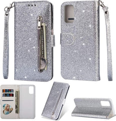Samsung Galaxy M21 Hoesjes – Glitter Portemonnee Case – Rits & Koord – Pasjeshouder – Zilver