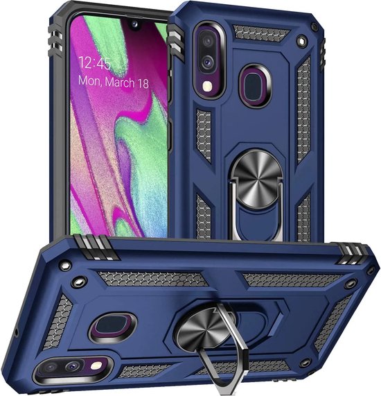 Samsung Galaxy A40 Hoesjes – Anti-Shock Hybride Backcover – Ringhouder – Armor Bescherming – Blauw-Ilumina Benelux