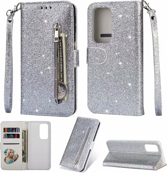 Oppo A57 4G/A57s Hoesjes – Glitter Portemonnee Hoes – Rits & Koord – Zilver-Ilumina Benelux