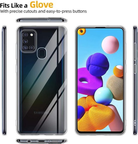 Samsung Galaxy A21S Hoesjes – Transparante Siliconen Backcover – 2x Screenprotector Gehard Glas – Anti-kras-Ilumina Benelux