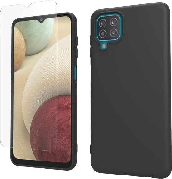 Samsung Galaxy A12 Hoesjes – Soft TPU Siliconen Backcover – 2x Gehard Glas Screenprotector – Zwart-Ilumina Benelux