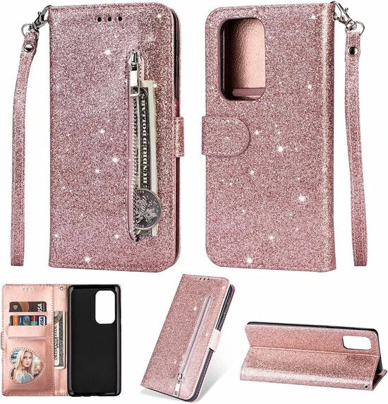 Oppo A57 4G/A57s Hoesjes – Glitter Portemonnee Hoes – Rits & Koord – Roségoud-Ilumina Benelux
