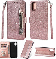 Samsung Galaxy A41 Hoesjes – Glitter Portemonnee Hoes – Rits & Koord – Pasjeshouder – Roségoud