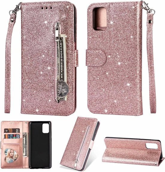 Oppo A74 5G Hoesjes – Glitter Portemonnee Hoes – Rits & Koord – Pasjeshouder – Roségoud-Ilumina Benelux