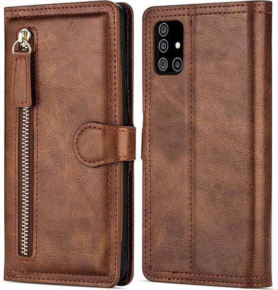 Samsung Galaxy A72 Hoesjes – Bookcase Portemonneehoes – Ritssluiting – 5 Pasjeshouder – Donkerbruin-Ilumina Benelux