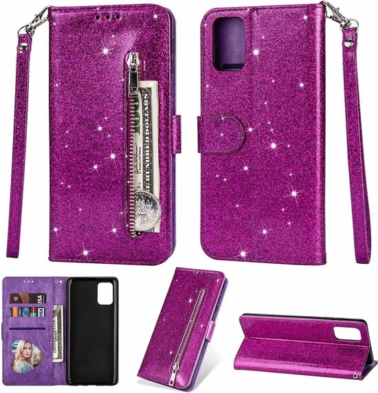 Sparkly Glitter Wallet Hoesje met Rits & Koord Geschikt voor: Samsung Galaxy A02s - Paars